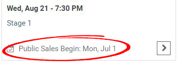 Event listing with Public Sales Begin text circled
